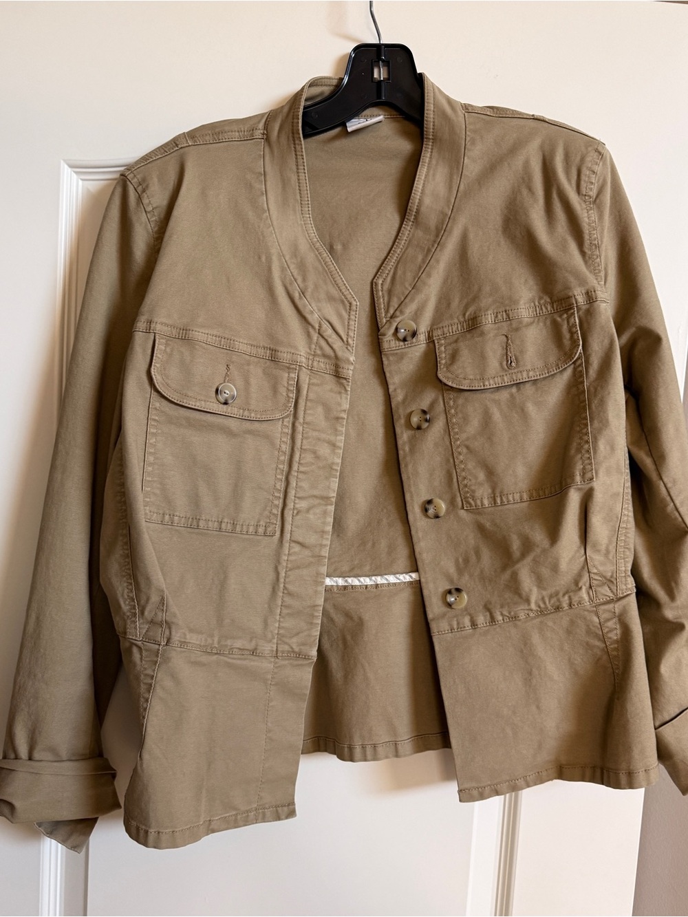 Cabi Camp Jacket. Tailored Women's Beige Utility Jacket - Picture 2 of 7
